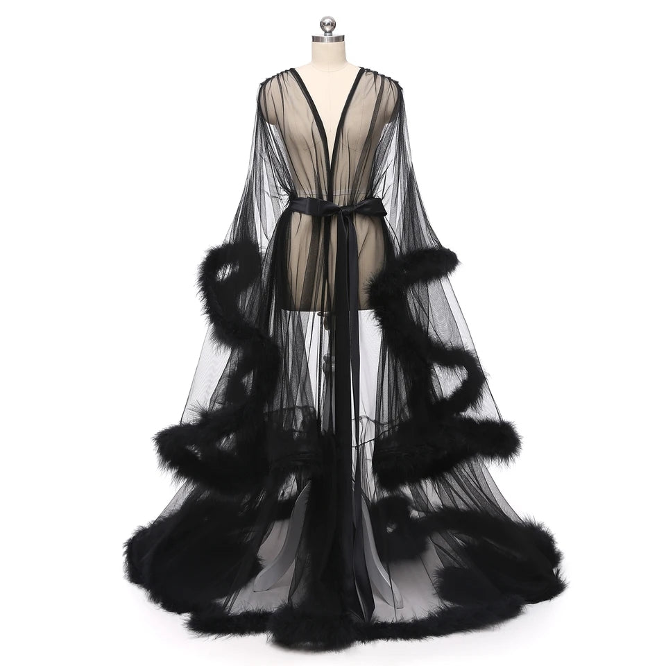 Tulle Illusion Fur Trim Floor Length Robe – Pyd Shop
