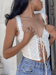 Pydshop Y2K Tank Top White Tie Front Lace Cropped Tank Top