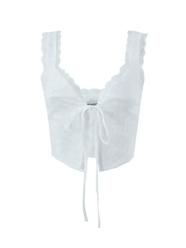 Pydshop Y2K Tank Top White Tie Front Lace Cropped Tank Top