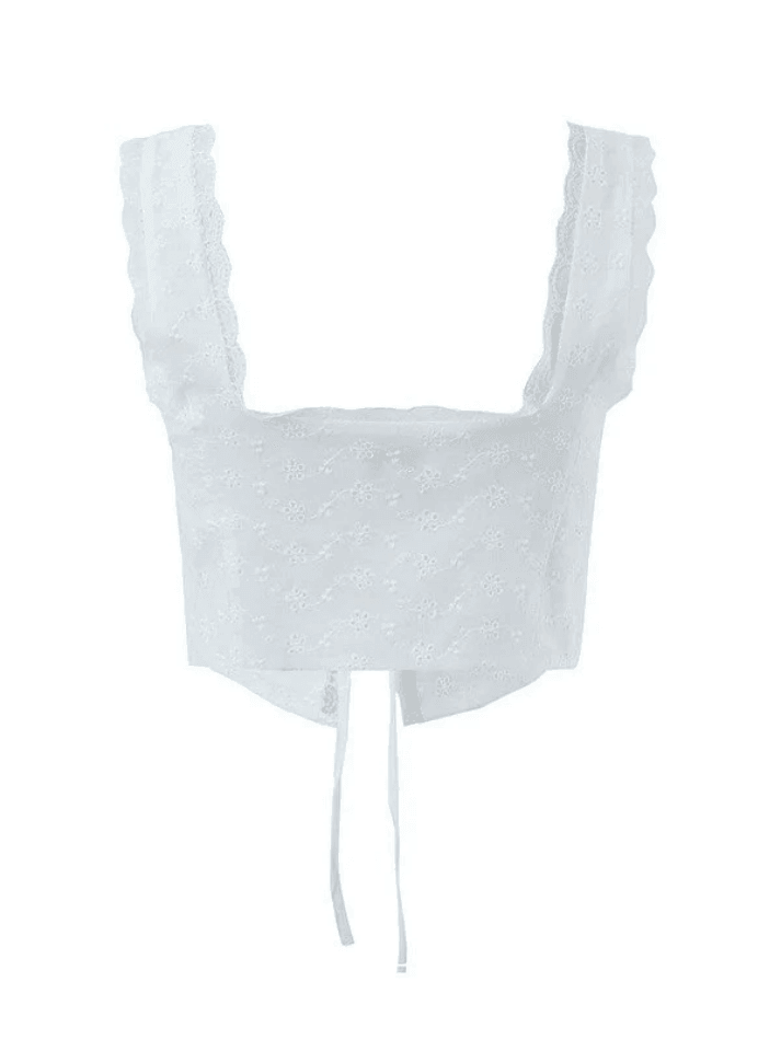 Pydshop Y2K Tank Top White Tie Front Lace Cropped Tank Top