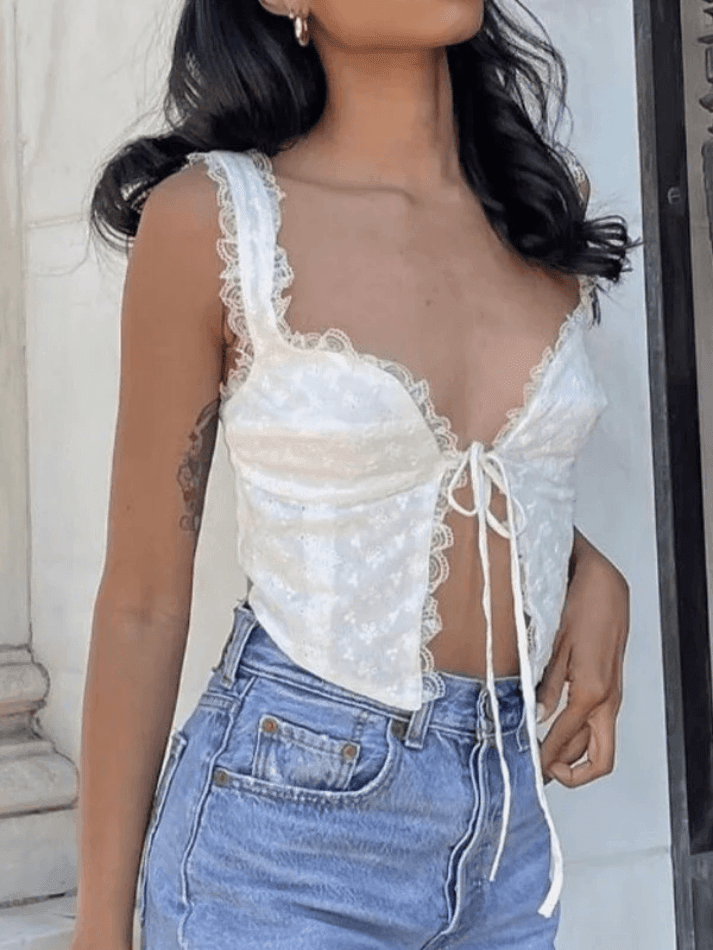 Pydshop Y2K Tank Top White Tie Front Lace Cropped Tank Top