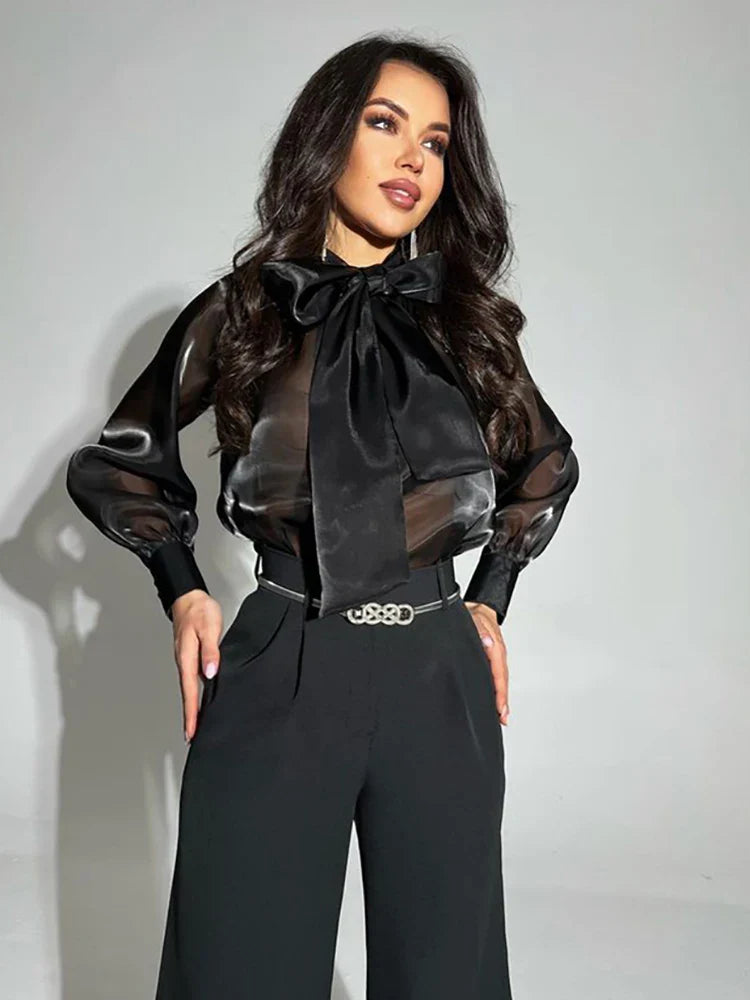 Pydshop Women Blouses Shirts 2024 Summer Chiffon See Throught Office Ladies Blouse Fashion Puff Sleeve Lace Up Shirts Tops BlackChristmas Gifts