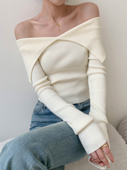 Pydshop Autumn Winter Women Sweaters Casual Long Sleeve Knitted Pullover Sweater Basic Solid Sexy Off Shoulder Crop Top Fashion Clothes