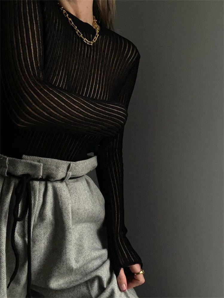 Pydshop Ribbed Knit Long Sleeve Top Shirts For Women White See-through Knit Rib Top Tees Outfits Casual Spring Skinny StreetwearChristmas Gifts