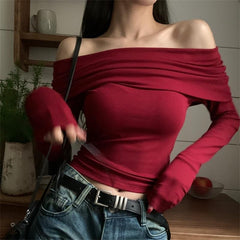 Pydshop Sexy Tops Off Shoulder Long Sleeve Crop Top Women's Autumn/Winter 2024 New Spicy Girl Slim Fit Short Red T-shirt