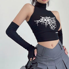 Pydshop Gothic Spider Print Tank Top for Women Summer Y2k Tops Black Oversleeve Sexy Turtleneck Slim Short Skinny Streetwear Crop Top
