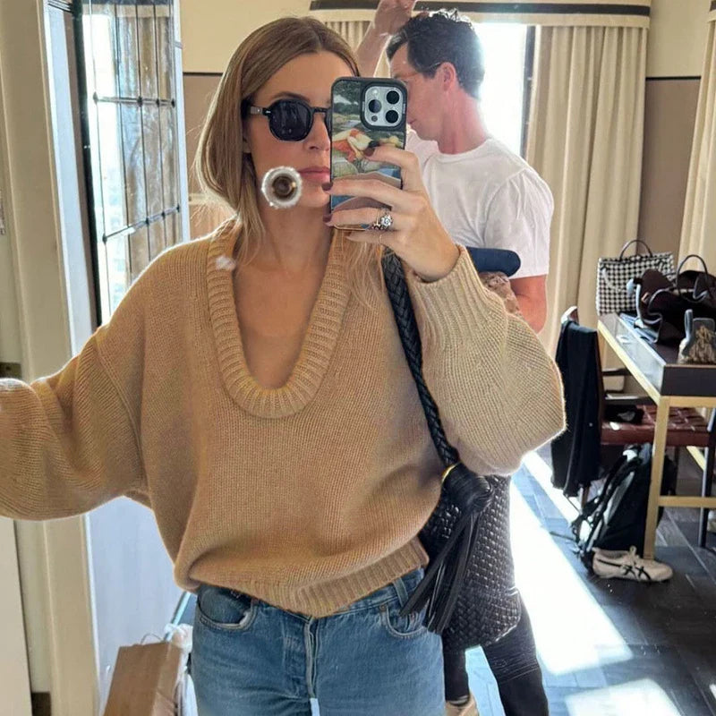 Pydshop Fashion Casual Round Knit Sweater For Women Solid Color Loose Autumn 2024 New Pullovers Long Sleeve Female Knitted TopChristmas Gifts