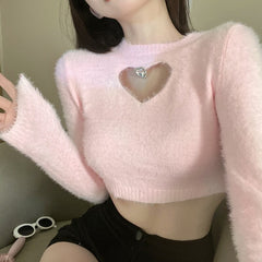 Pydshop 2024 Autumn Winter New Sweater Women's O Neck Diamond-Studded Hollow Love Long Sleeve Slim Short Crop Top