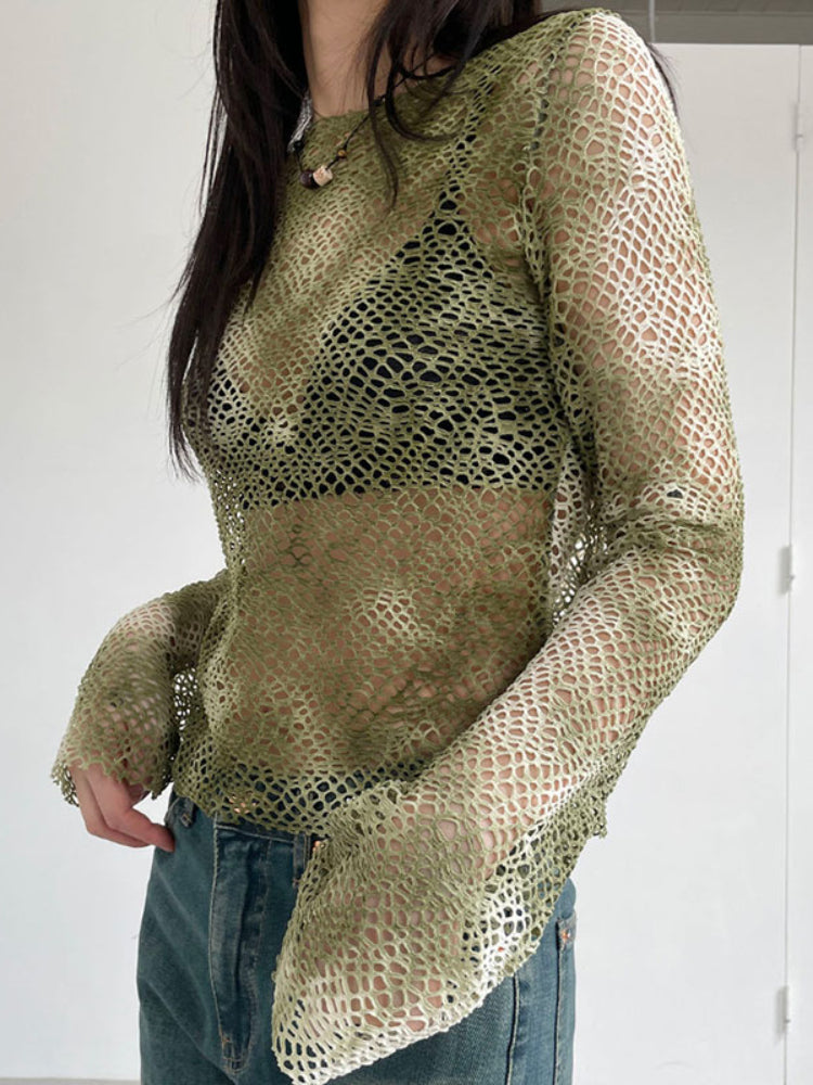 Pydshop Green Tie Dye Fishnet Long Sleeve Top