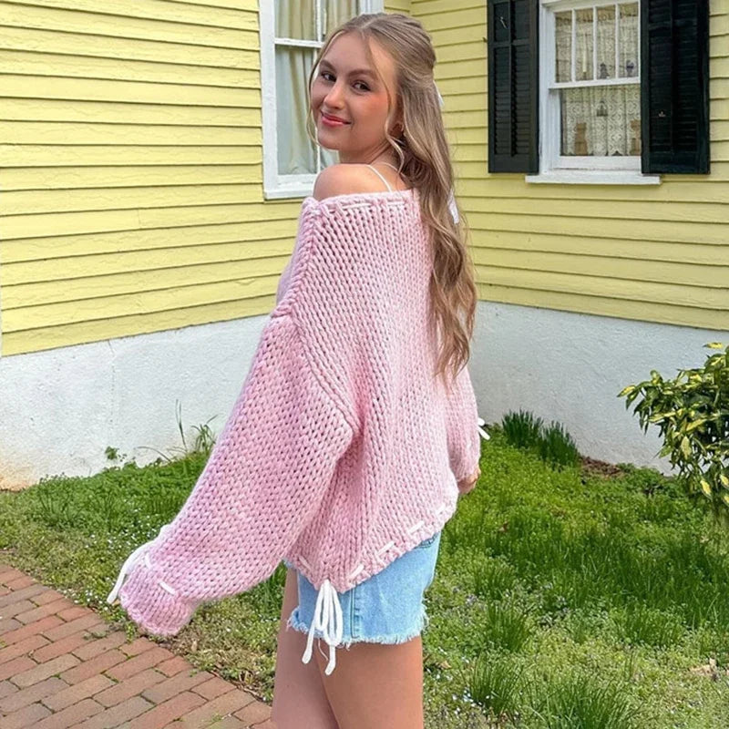 Pydshop Long Sleeve Loose Knitted Sweater For Women Contrast Color Drawstring Hollow Out Pullover Sweater Top Y2K Autumn NewChristmas Gifts