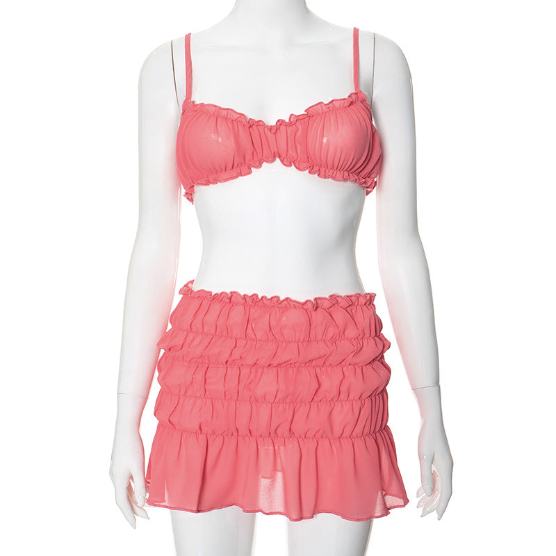 Pydshop Sexy Camisole Top Low Waist Stacked Ruched Skirt  2-Piece Set Solid Color Sleeveless Backless Beach Holiday Summer Outfit