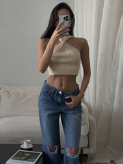 Pydshop Cross-Chest Off-shoulder Knitwear Vest Top For Women Summer Hot Girl Slim Sleeveless Twist Navel Short Top Y2K Pullover