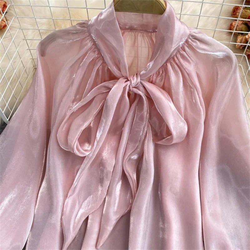 Pydshop Women Blouses Shirts 2024 Summer Chiffon See Throught Office Ladies Blouse Fashion Puff Sleeve Lace Up Shirts Tops BlackChristmas Gifts