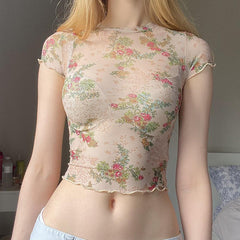 Pydshop Women Y2k Top Short Sleeve Mesh See Through Printed Aesthetic Floral T-shirt Summer Girls Sexy Crop Top Streetwear