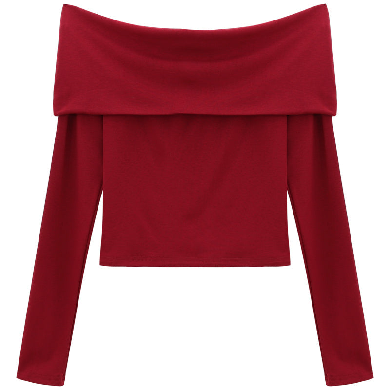 Pydshop Sexy Tops Off Shoulder Long Sleeve Crop Top Women's Autumn/Winter 2024 New Spicy Girl Slim Fit Short Red T-shirt