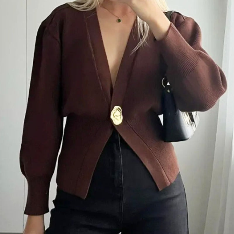 Pydshop Chic Solid Button Knitted Cardigan Women Casual Deep V Neck Long Sleeve Slim Warm Sweater Autumn New Lady Fashion Top