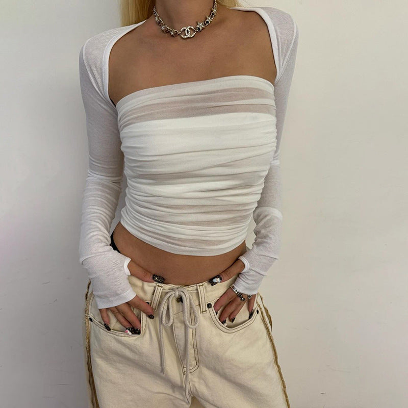 Pydshop Off-Shoulder Pleated Tube Top Vest Long-Sleeved Cover Up Two-Piece Top Fasion Hot Girl Autumn New Sexy Party Club ClothesChristmas Gifts