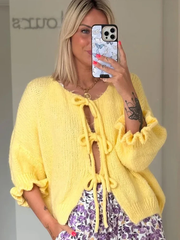 Pydshop Lace Up Knitted Cardigan Top For Women Sexy Cut Out Petal Sleeves Loose Sweater Outwear Female Solid Color Autumn FashionChristmas Gifts