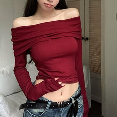 Pydshop Sexy Tops Off Shoulder Long Sleeve Crop Top Women's Autumn/Winter 2024 New Spicy Girl Slim Fit Short Red T-shirt