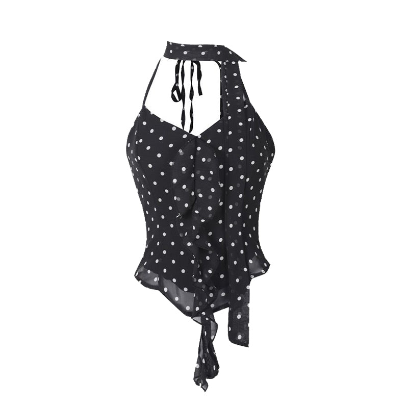 Pydshop Summer Camisole Slim Vest Sexy Women Sleeveless Perspective V-Neck Ribbon Tank Top Female Solid Black Polka Dots Crop Tops Y2k