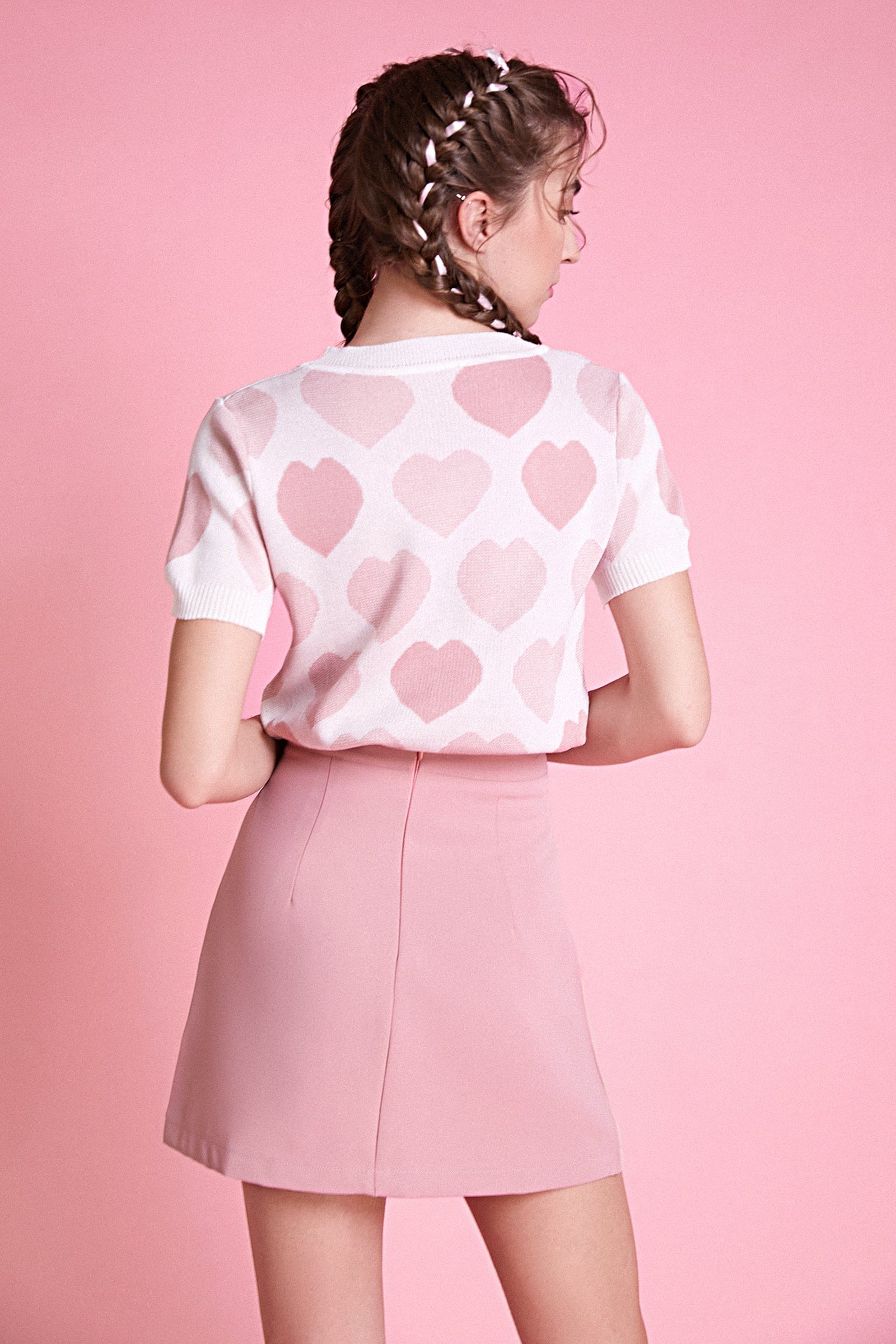 Pydshop Pink Heart Print Knitted Crop Top