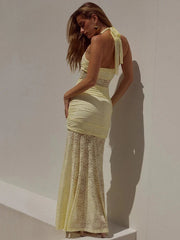 Backless Bodycon Lace Ruched Maxi Dress