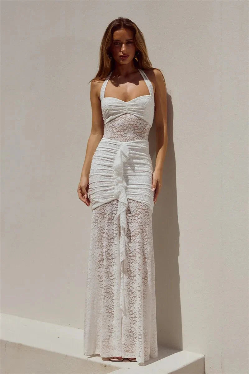 Backless Bodycon Lace Ruched Maxi Dress