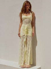 Backless Bodycon Lace Ruched Maxi Dress
