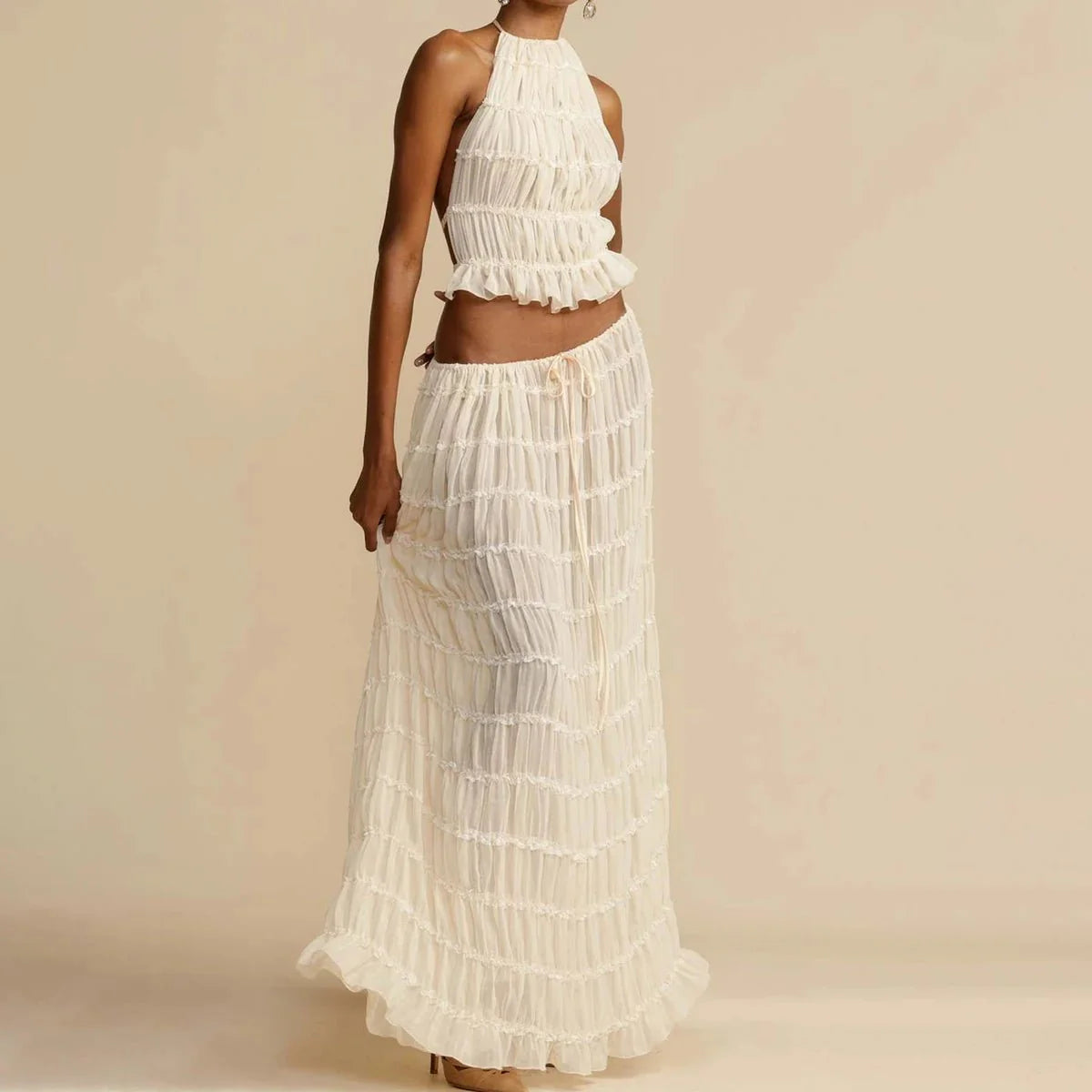 Backless Cropped Halter Tops+drawstring Long Skirts 2 Piece Sets