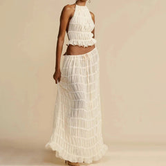 Backless Cropped Halter Tops+drawstring Long Skirts 2 Piece Sets