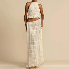 Backless Cropped Halter Tops+drawstring Long Skirts 2 Piece Sets