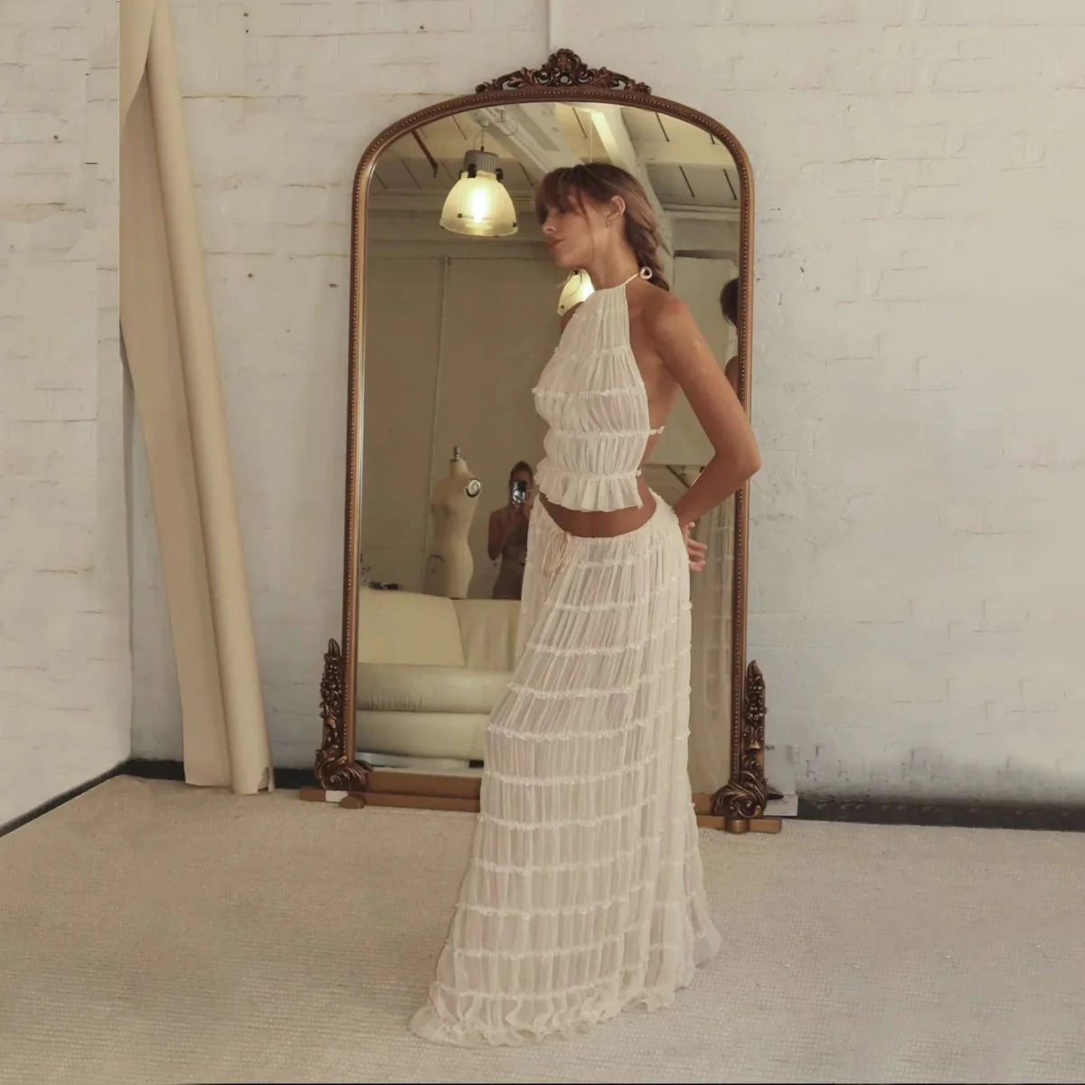 Backless Cropped Halter Tops+drawstring Long Skirts 2 Piece Sets
