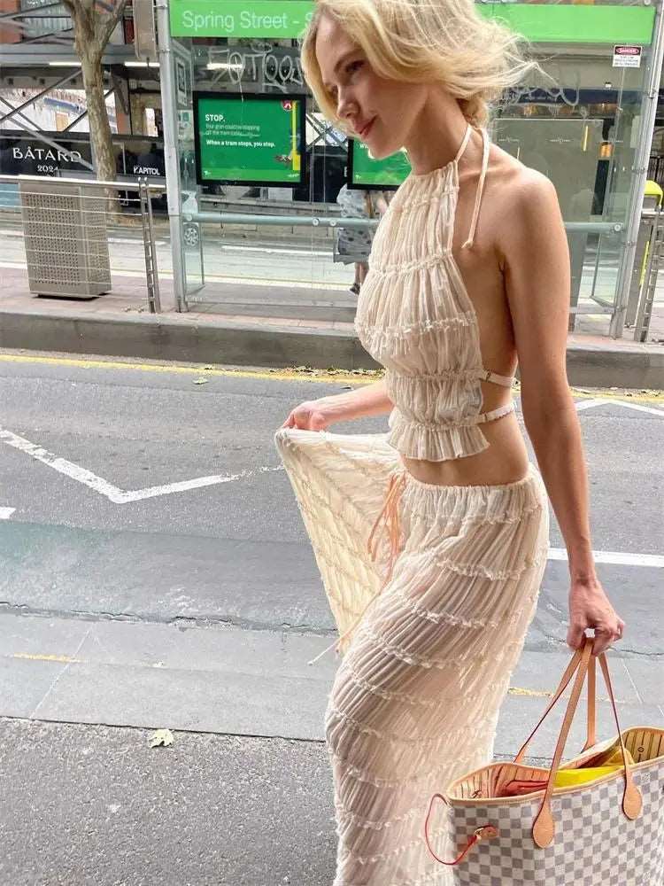 Backless Cropped Halter Tops+drawstring Long Skirts 2 Piece Sets