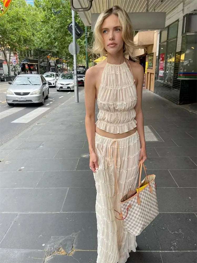 Backless Cropped Halter Tops+drawstring Long Skirts 2 Piece Sets