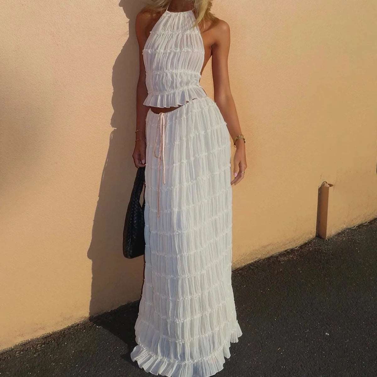 Backless Cropped Halter Tops+drawstring Long Skirts 2 Piece Sets
