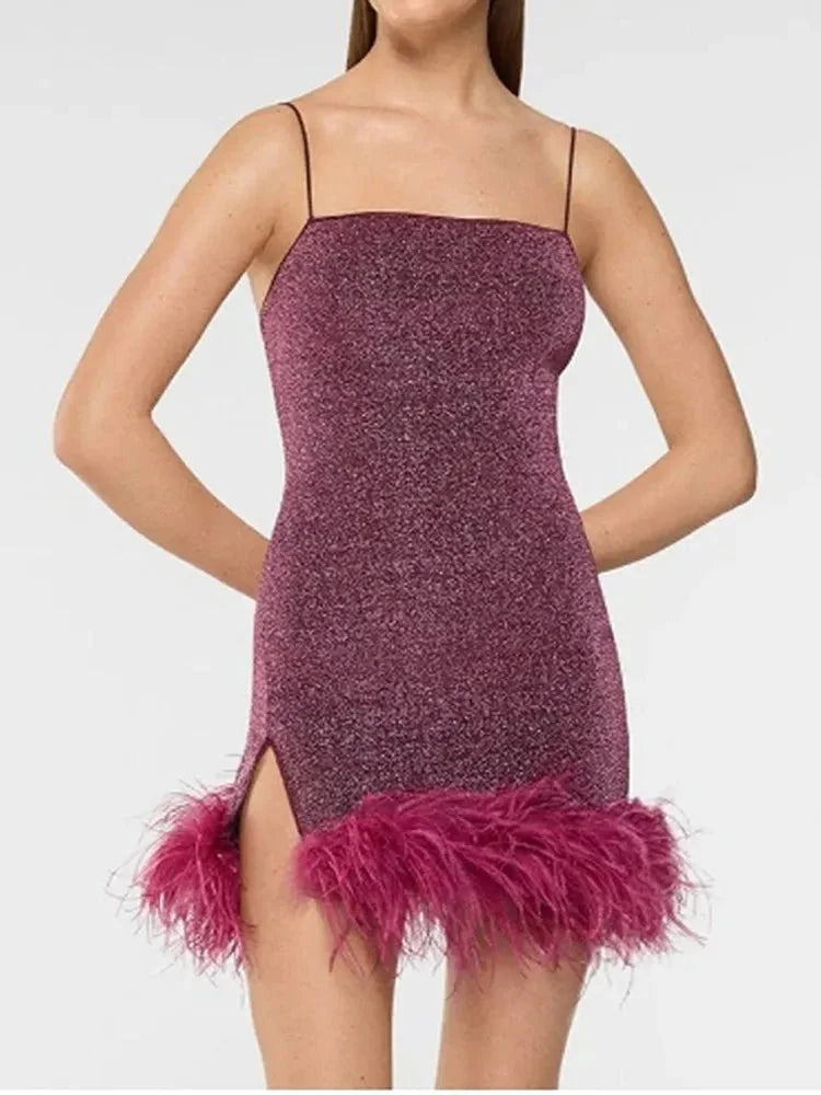 Backless Feather Hem Long Dress