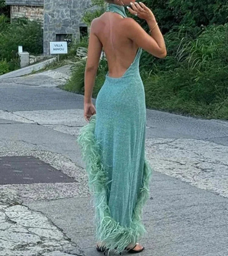 Backless Feather Hem Long Dress