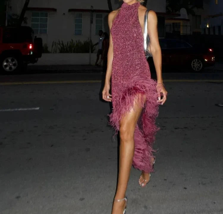 Backless Feather Hem Long Dress