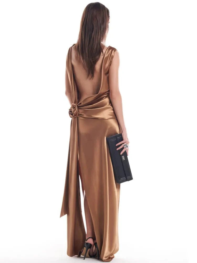 Backless High Split Satin Maxi Dress