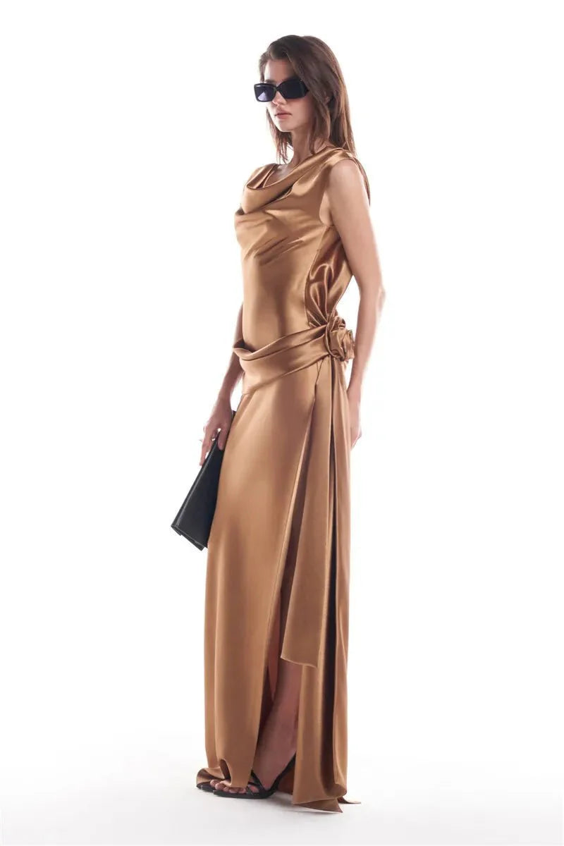 Backless High Split Satin Maxi Dress