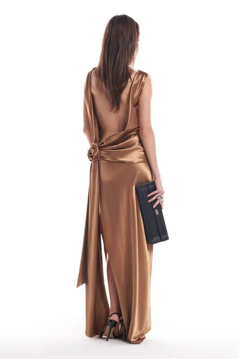 Backless High Split Satin Maxi Dress