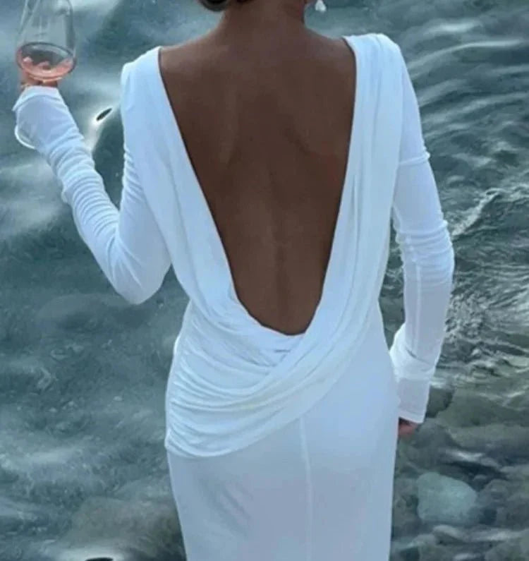 Backless White Long Sleeved Slim Fit Dress