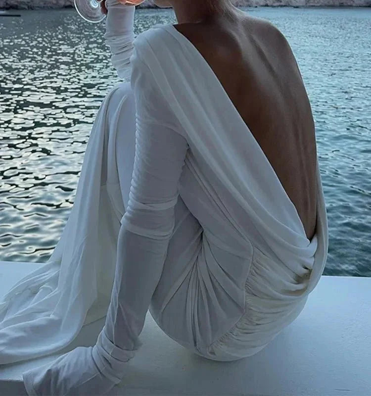 Backless White Long Sleeved Slim Fit Dress