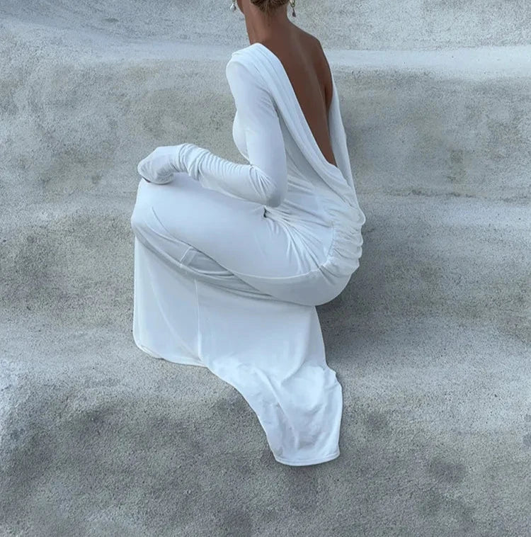 Backless White Long Sleeved Slim Fit Dress