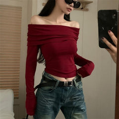 Pydshop Sexy Tops Off Shoulder Long Sleeve Crop Top Women's Autumn/Winter 2024 New Spicy Girl Slim Fit Short Red T-shirt