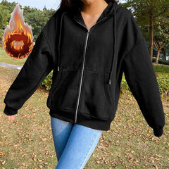 Pydshop Winter Sweatshirt Hoodie Oversize Fleece Hooded Cardigan Black White Women Clothes Solid Zip Up Hoodies Tops Long Sleeves