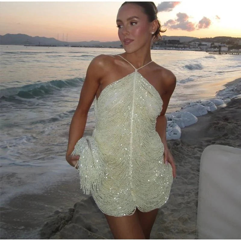 Beaded Halter Mini Dress