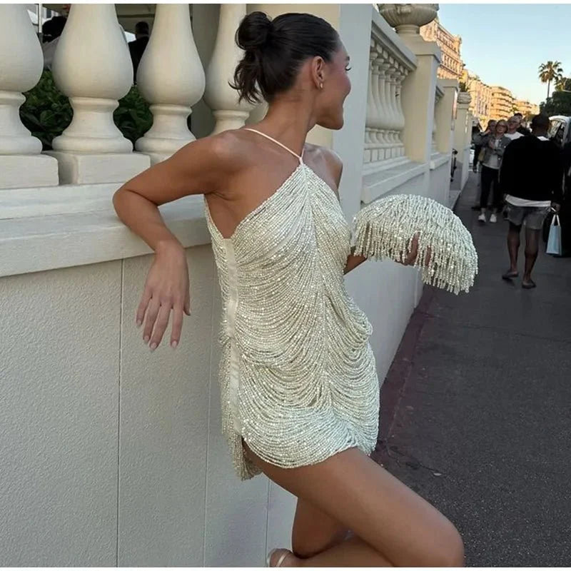 Beaded Halter Mini Dress