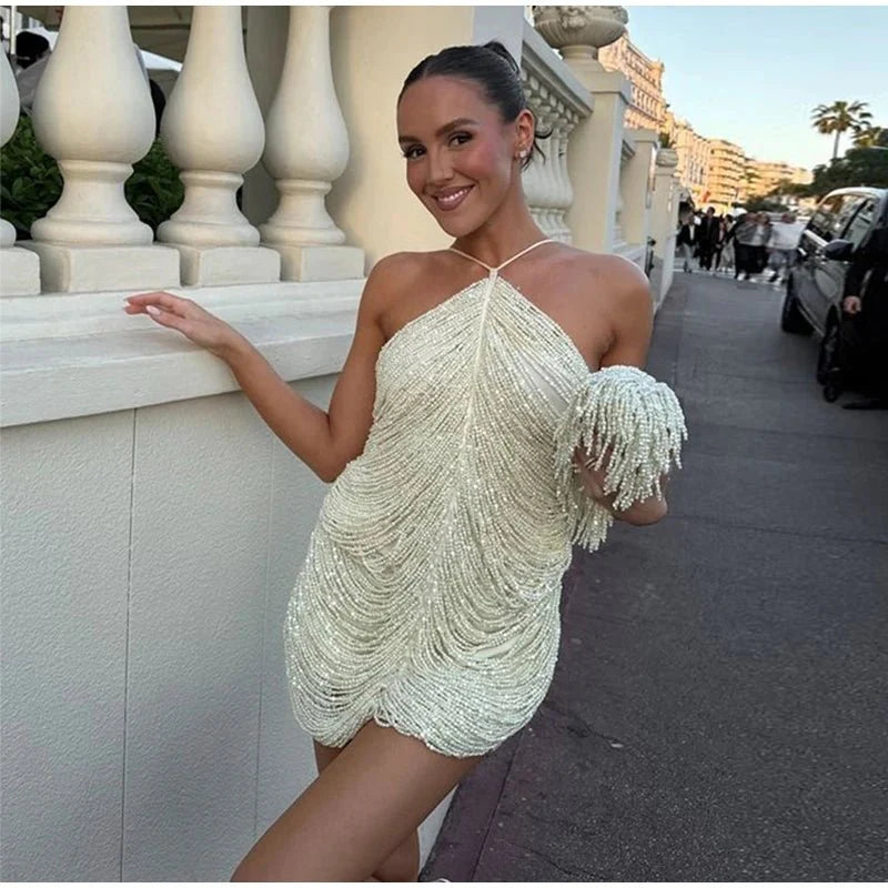 Beaded Halter Mini Dress