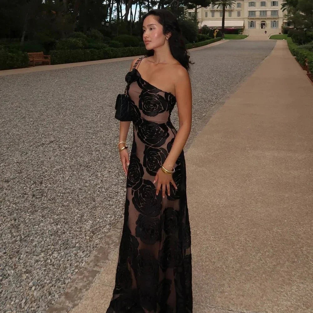Black Mesh One-Shoulder Dress
